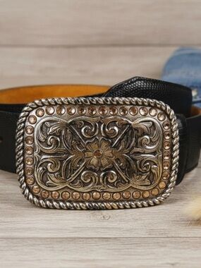 Vintage Justin Western Belt Black Embossed Leather Ornate Buckle Unisex 34